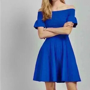 TED BAKER Bardot Frill Knitted Off-the-Shoulder Skater Dress Criptum Blue
